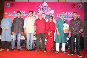 The cast of upcoming satirical comedy- Jai Ho Democracy at the trailer launch in Mumbai. L-R Vijay Kashyap, Benjamin Gilani, Bikramjeet Bhullar (Co-director), Om Puri, Seema Biswas, Ranjit Kapoor (writer-director), Annu KapoorJPG