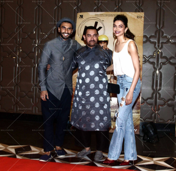 Bollywood actors Ranveer Singh, Aamir Khan and Deepika Padukone during the success party of film P K 