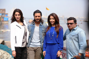 Nargis Fakhri, Riteish Deshmukh, Krishika Lulla & Ravi Jadhav on the set of Banjo